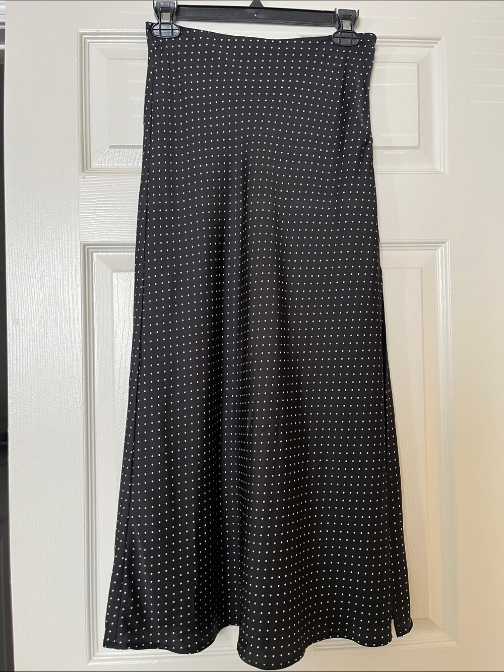 Windsor There She Goes High-Rise Slit Polka Dot Satin Midi Skirt